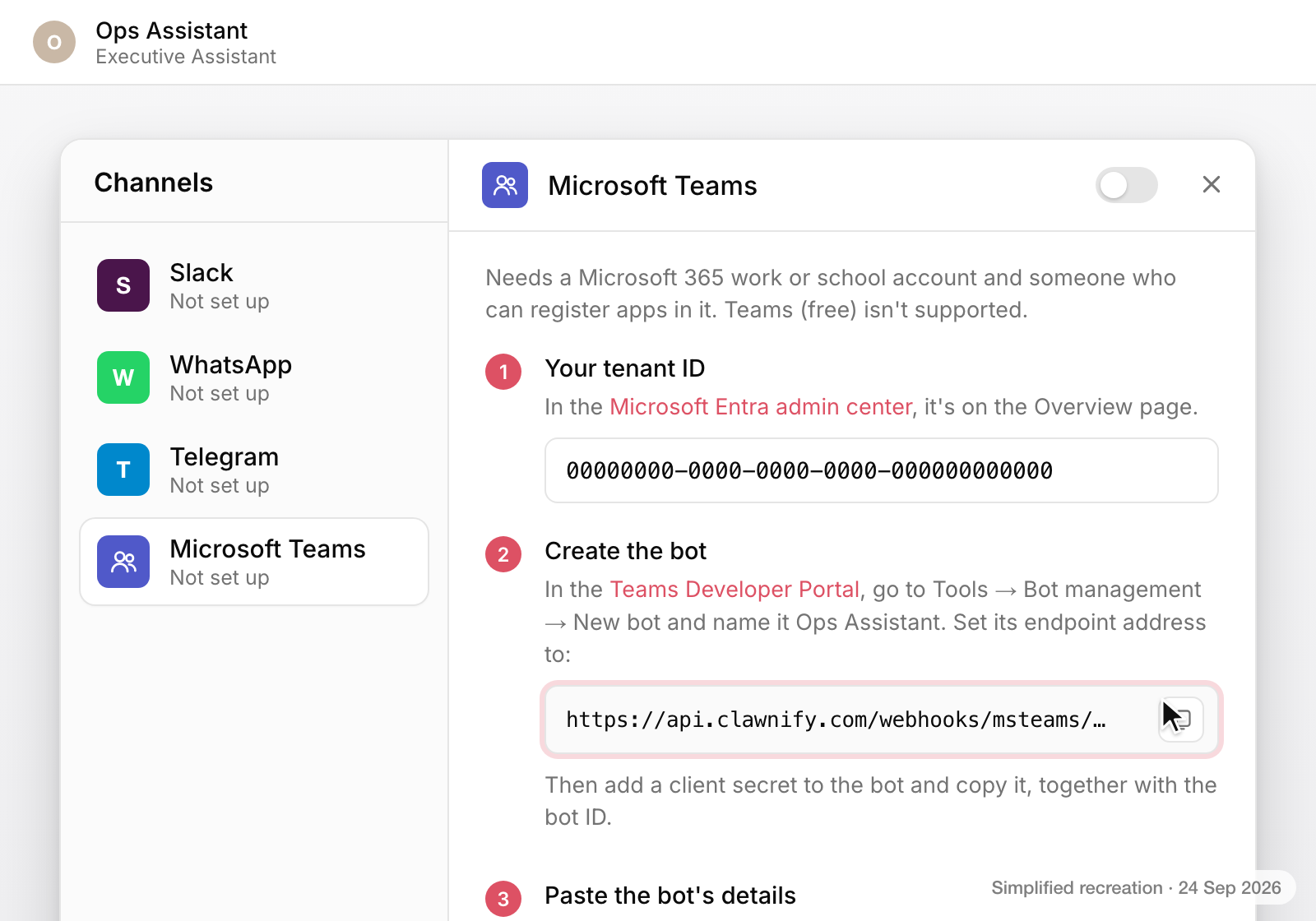Clawnify, the agent's Channels dialog with Microsoft Teams open. Step 1 holds the tenant ID; step 2 shows the endpoint address, https://api.clawnify.com/webhooks/msteams/ followed by the agent and tenant IDs, with a copy button.