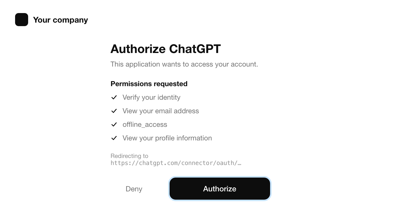 A plugin's OAuth consent page: Authorize ChatGPT, four permissions requested, redirecting to https://chatgpt.com/connector/oauth/ followed by an ID, with Deny and Authorize buttons.