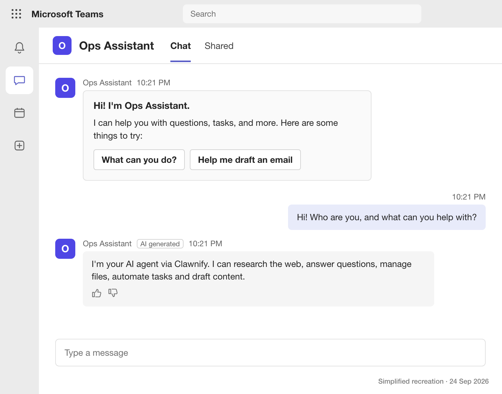Microsoft Teams chat with Ops Assistant. The agent's welcome card introduces it by name and offers two prompts to try. Below, a question from you and the agent's reply, labelled AI generated, with thumbs up and down.