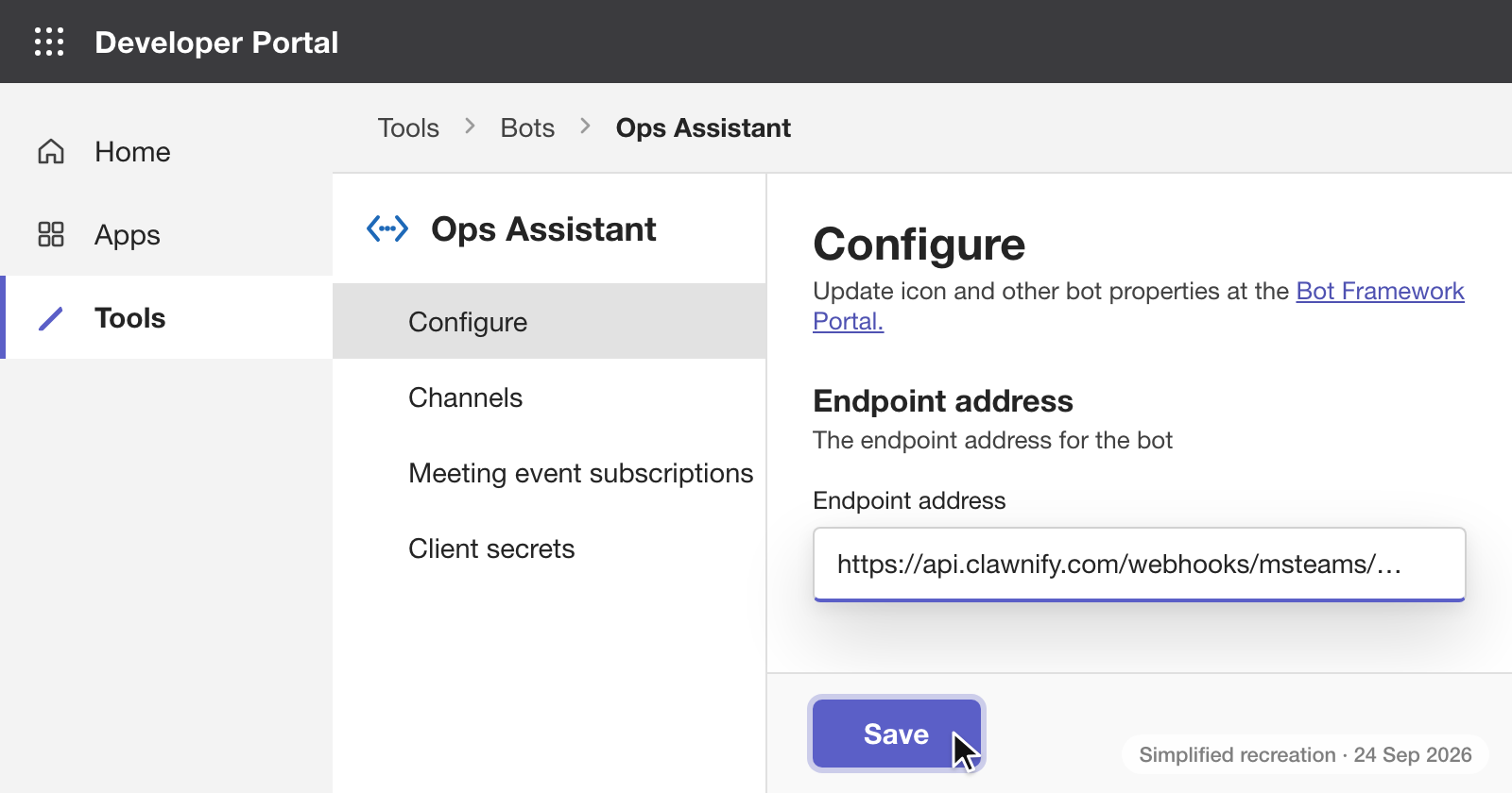Teams Developer Portal, the bot's Configure page. The Endpoint address field holds the address copied from Clawnify, and the Save button at the bottom is highlighted.