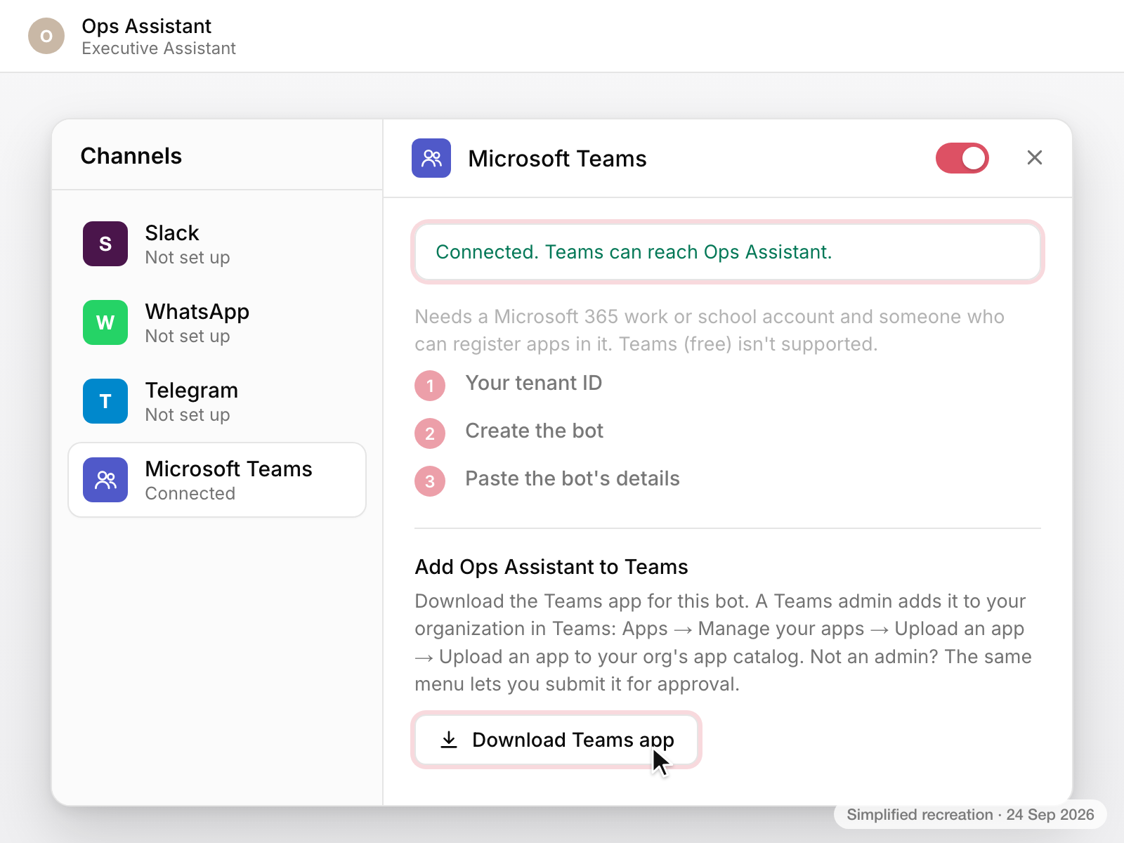 Clawnify's Microsoft Teams panel after Connect: the toggle is on, the status reads Connected. Teams can reach Ops Assistant, and Microsoft Teams shows Connected in the channel list. Below, Add Ops Assistant to Teams has a Download Teams app button.