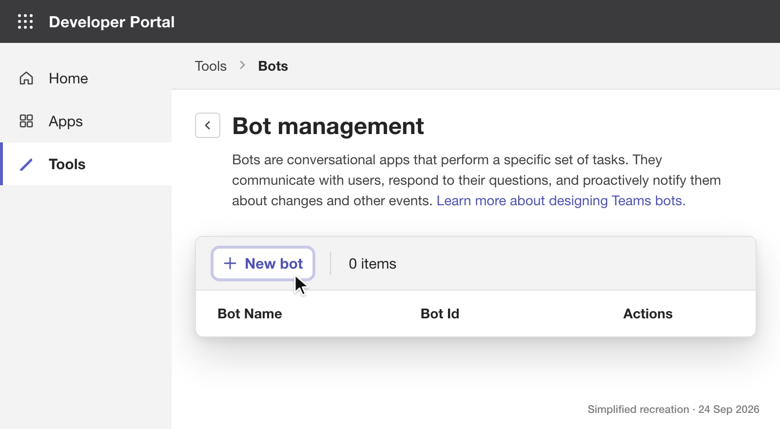 Teams Developer Portal, Tools then Bots. The Bot management page with the New bot button highlighted above an empty list with Bot Name, Bot Id and Actions columns.