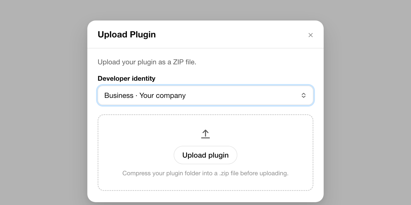 OpenAI platform, Upload Plugin dialog. Developer identity is set to Business, Your company, and a dashed drop area holds the Upload plugin button.