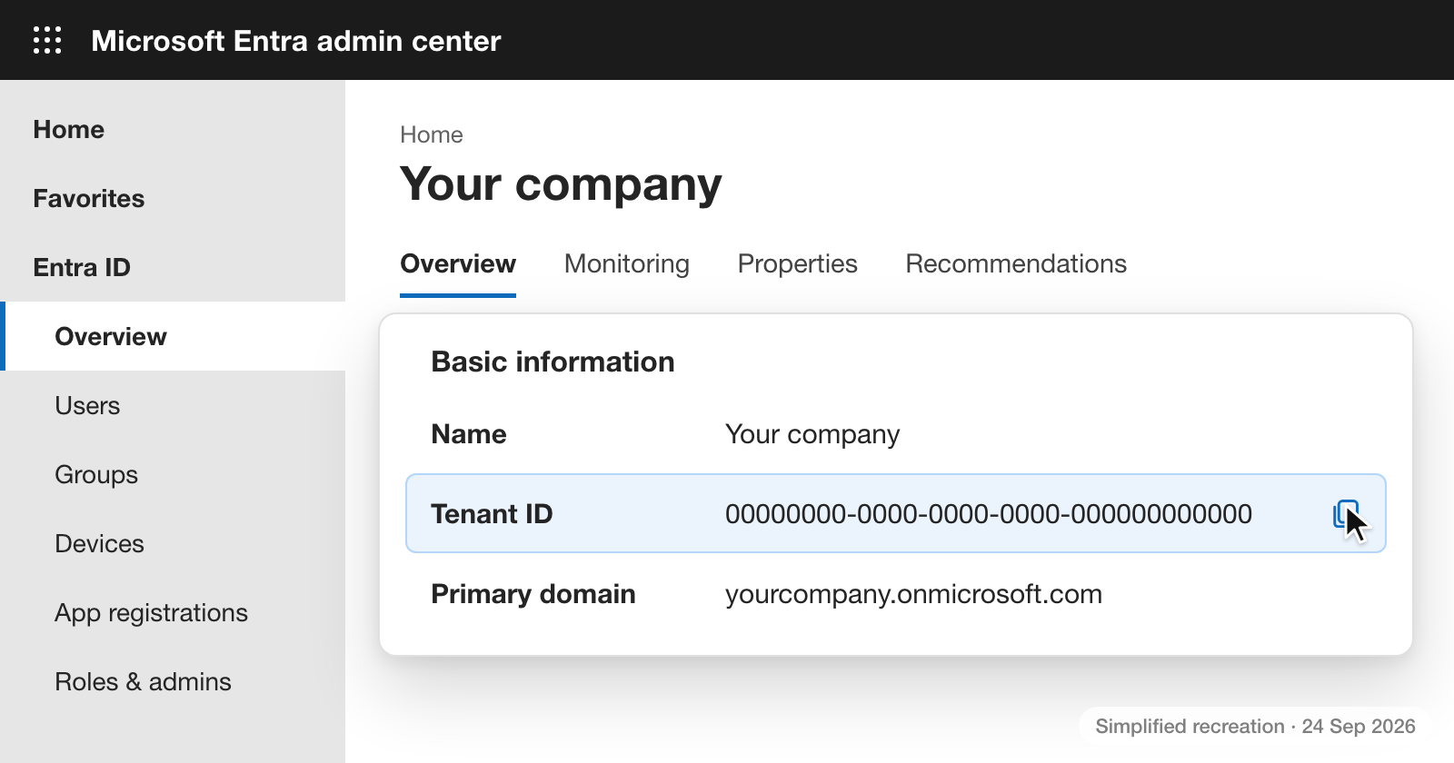 Microsoft Entra admin center, Overview page. Under Basic information, the Tenant ID row is highlighted with its copy button, showing the placeholder 00000000-0000-0000-0000-000000000000.
