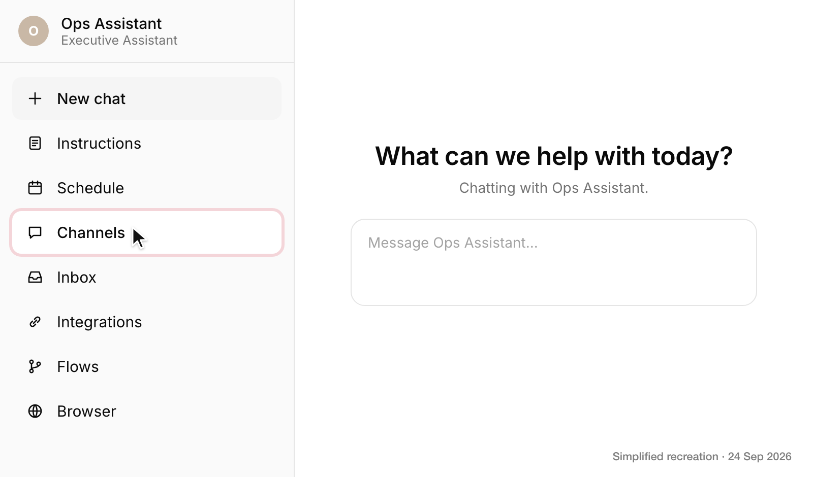 Clawnify, the agent Ops Assistant with its sidebar open. Channels, between Schedule and Inbox, is highlighted.
