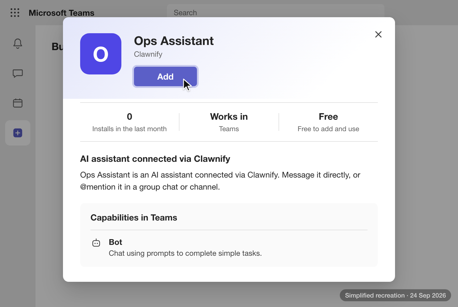 Microsoft Teams, the install dialog for Ops Assistant from Clawnify, opened from Built for your org. The Add button is highlighted. The app is described as an AI assistant you message directly or @mention in a group chat or channel, with one capability, Bot.