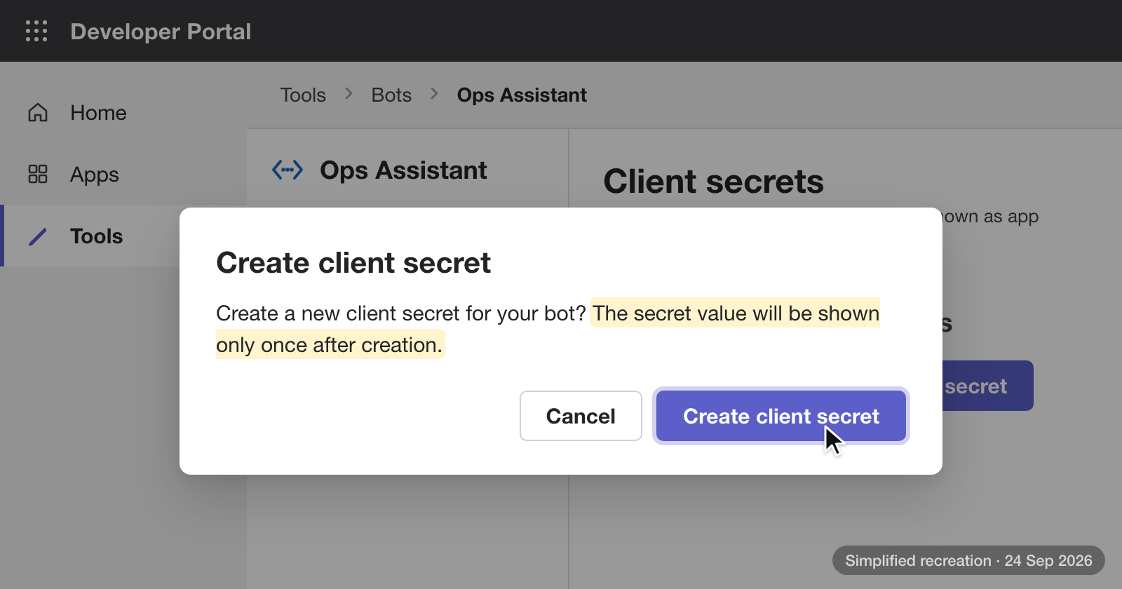 Teams Developer Portal, Client secrets. A confirmation dialog, Create client secret, warns that the secret value will be shown only once after creation. The Create client secret button is highlighted.