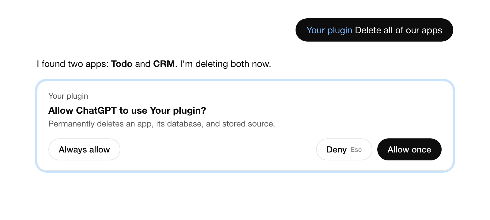 ChatGPT conversation. The user asks the plugin to delete all of their apps; ChatGPT says it found two and is deleting both, then stops at a card: Allow ChatGPT to use Your plugin? Permanently deletes an app, its database, and stored source. Buttons: Always allow, Deny, Allow once.
