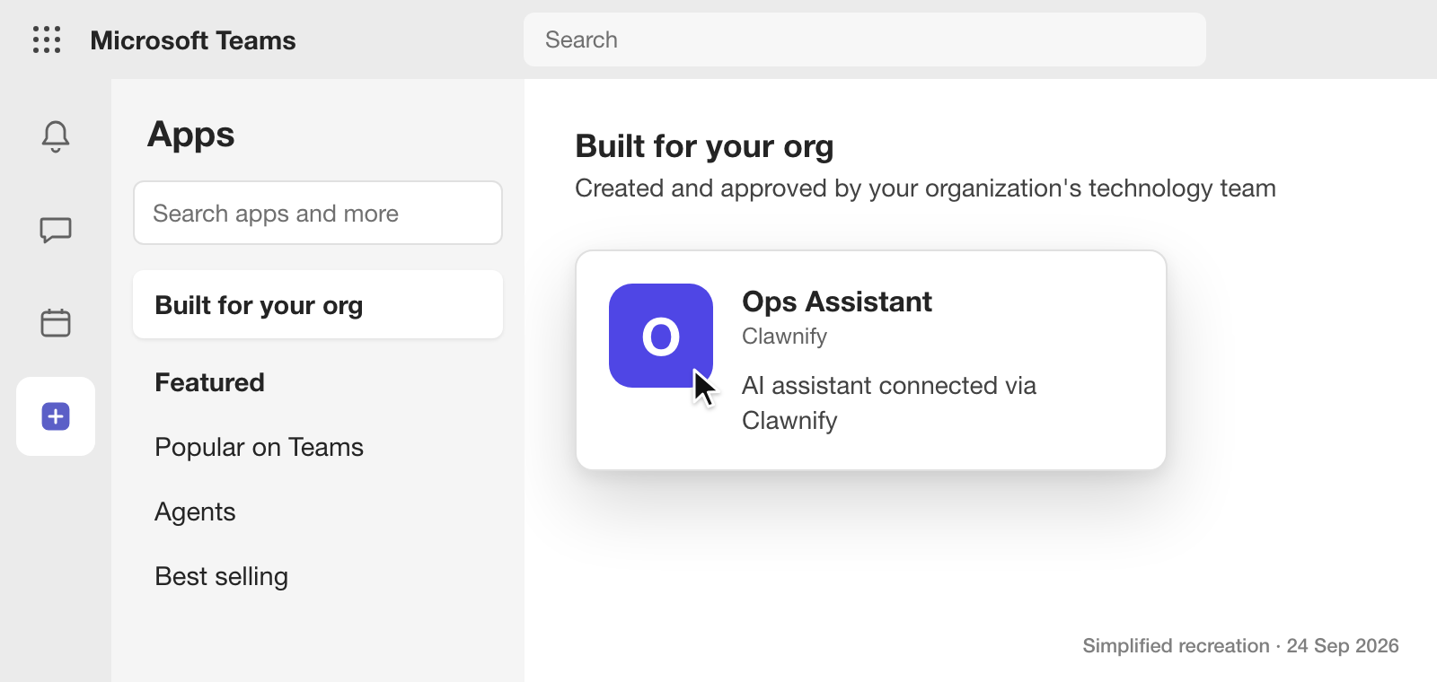 Microsoft Teams, Apps, Built for your org. The uploaded app appears as a card: Ops Assistant, from Clawnify, AI assistant connected via Clawnify.