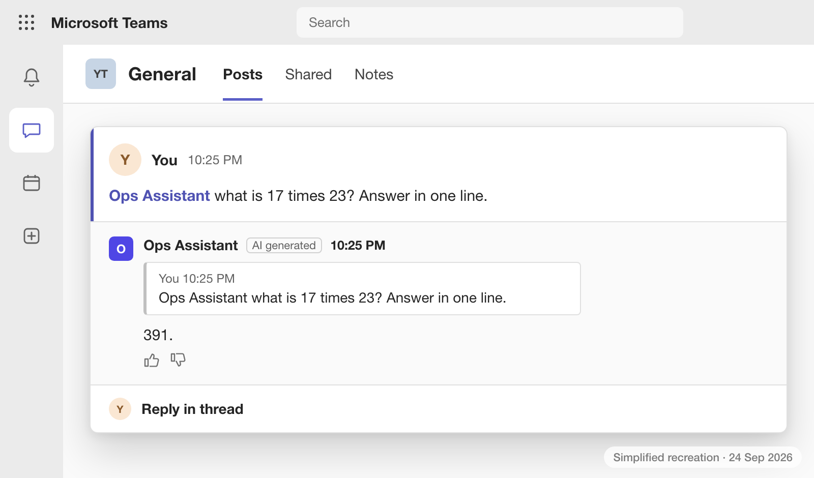 Microsoft Teams, the General channel. Your post mentions Ops Assistant with a question, and the agent's reply sits in that post's thread, quoting the question, labelled AI generated.