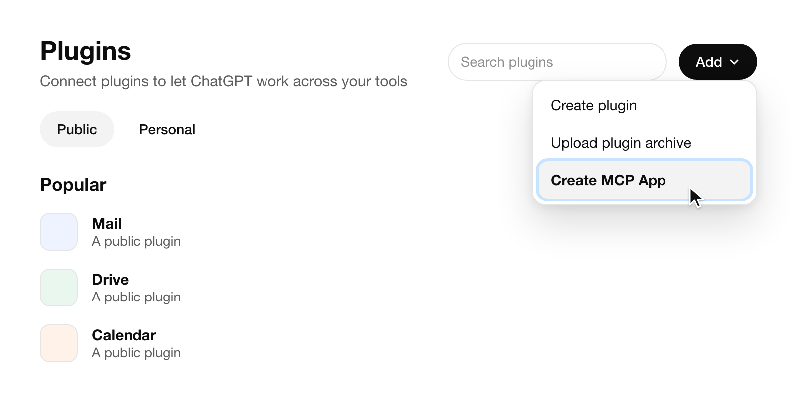 ChatGPT, Plugins page. The Add menu is open with three choices: Create plugin, Upload plugin archive, and Create MCP App, which is highlighted.