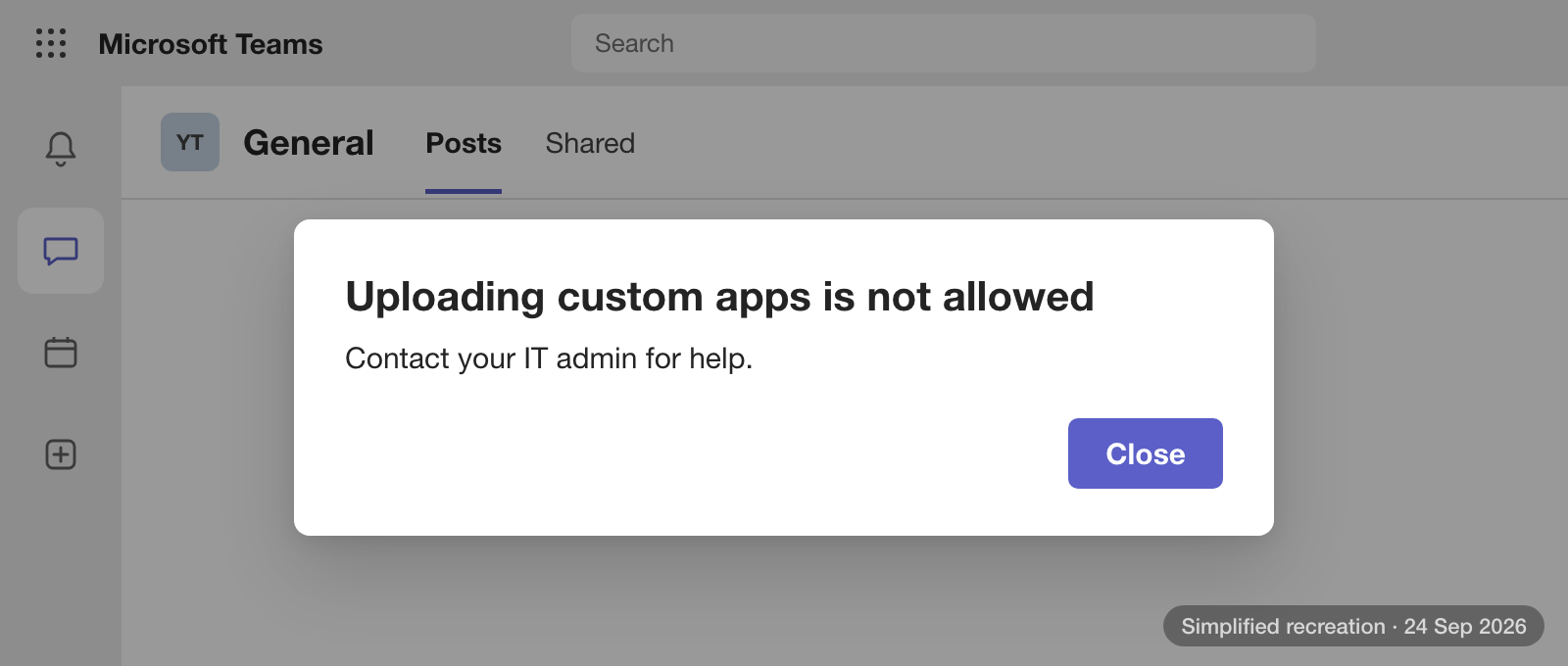 Microsoft Teams dialog reading Uploading custom apps is not allowed. Contact your IT admin for help.