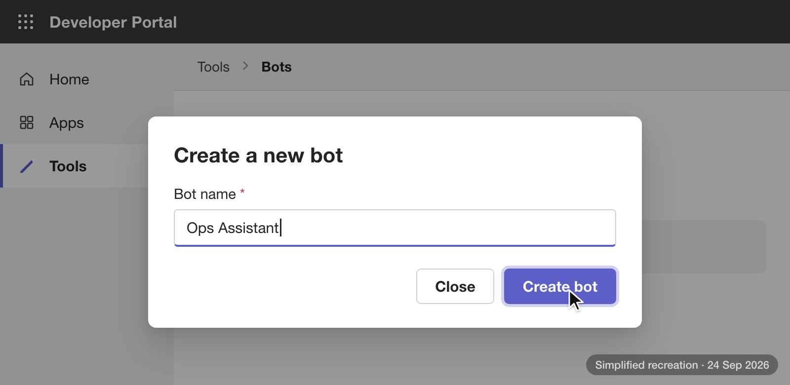Teams Developer Portal, the Create a new bot dialog. The Bot name field holds the agent's name, Ops Assistant, and the Create bot button is highlighted.